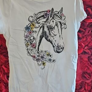 White T-Shirt with Horse and Floral Design